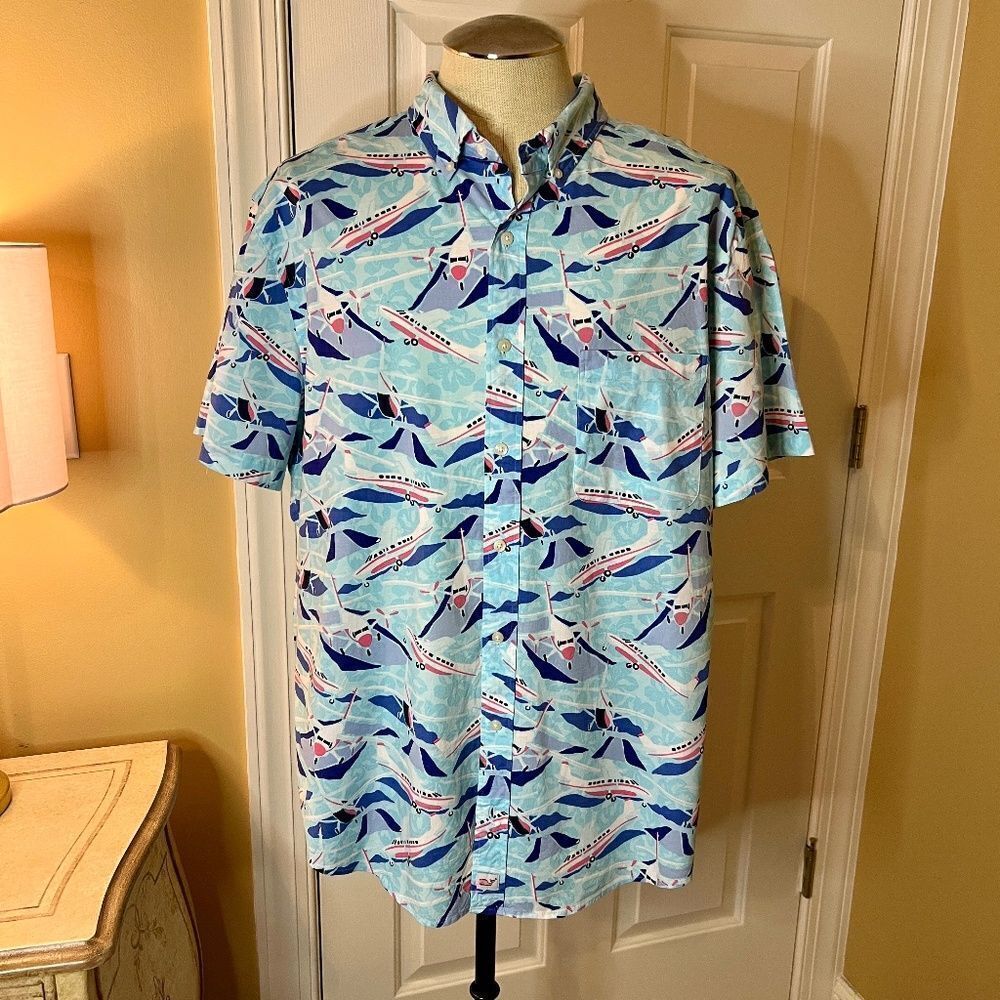 EUC Vineyard Vines Airplane Print Classic Fit Button Down Shirt Sz XB XXL 2XL